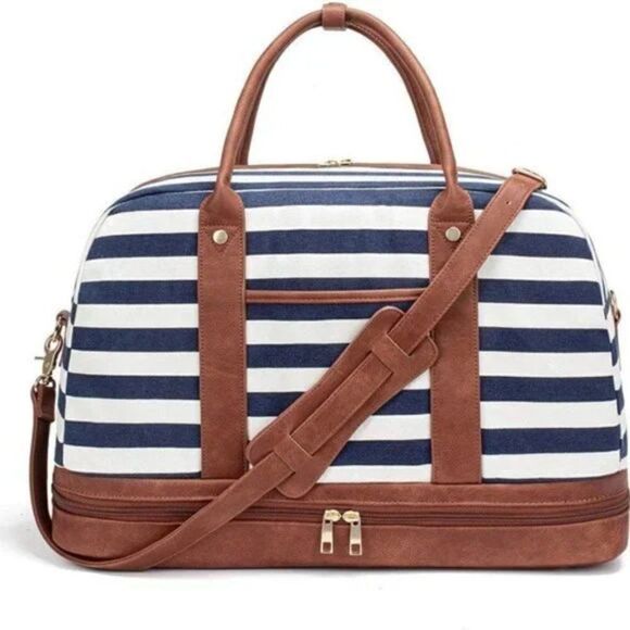 New Duffle Bag Canvas for Women Blue White Striped Bag - Picture 2 of 9